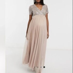 ASOS Maya Maternity Short Sleeved V Neck Sequin Maxi Dress in Mauve Size 6